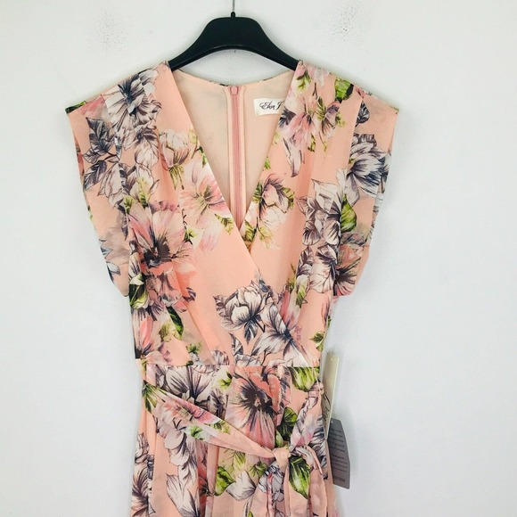 Eliza J Women's 6 Dress Pink Floral Ruffle High Low Maxi Belted Surplice NWT Z5 - Picture 2 of 5